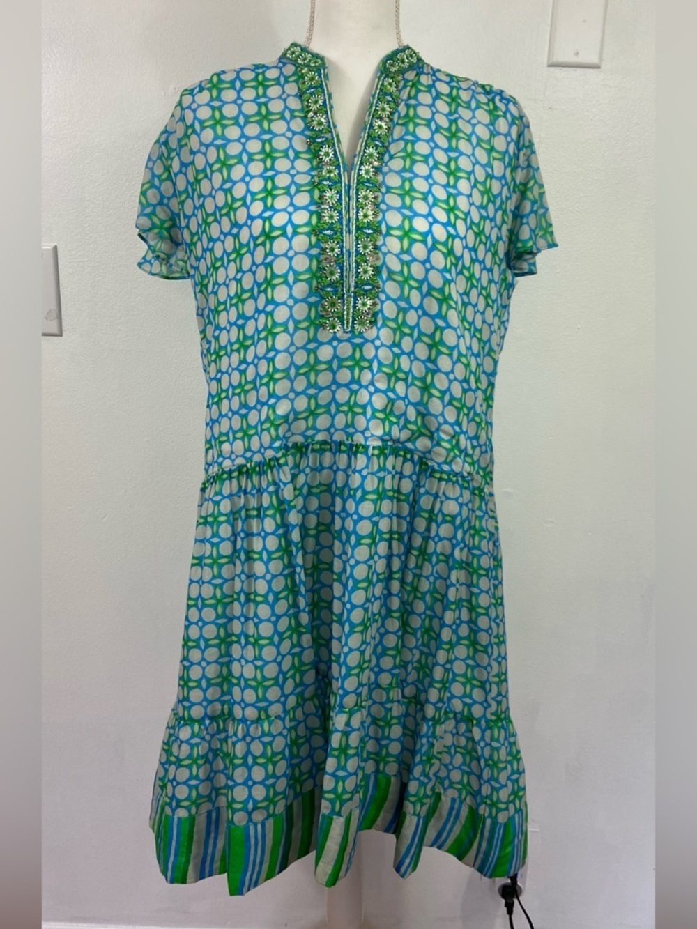 Bella Tu Puff Sleeve Dress Blue Green Geometric Cotton Ruffle Sz M